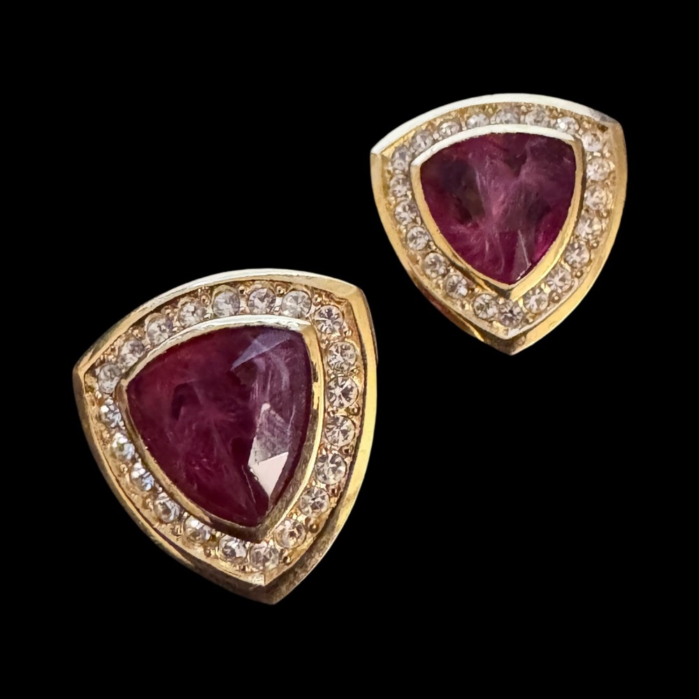 ✨Elegant Vintage Dior Gold Rhinestones Clip On Earrings with Pink Crystal